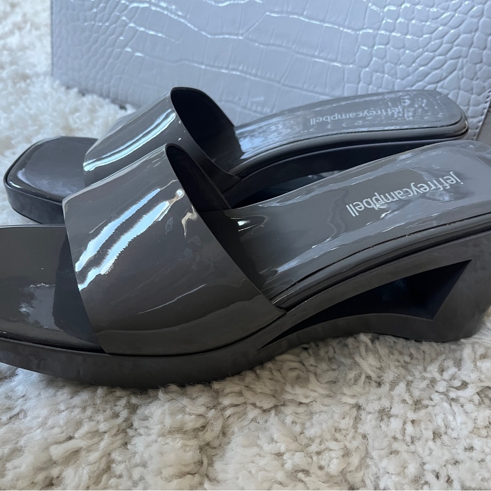 Jeffrey Campbell Grey Patent Shaggy Mule. Size 8.